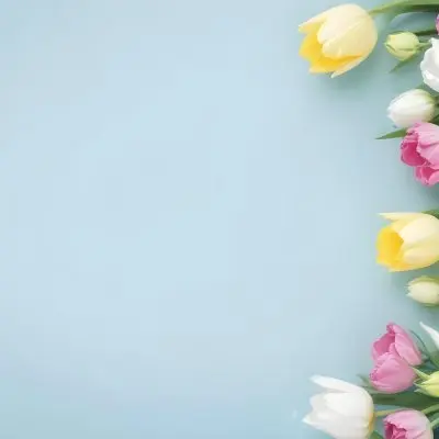 Yellow White And Blue Tulips And Lisianthus Flowers On The Right Side Of A Pink Background 1 F36c