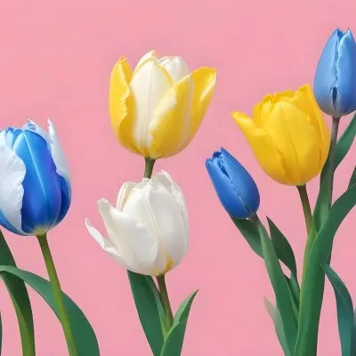 Yellow White And Blue Tulips And Lisianthus Flowers On The Right Side Of A Pink Background 11 B0ea