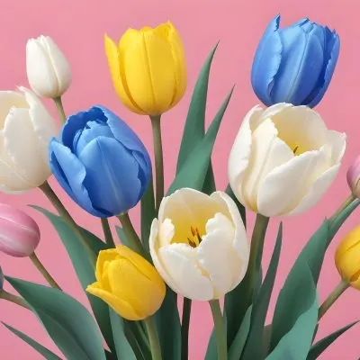 Yellow White And Blue Tulips And Lisianthus Flowers On The Right Side Of A Pink Background 12 427e