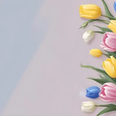 Yellow White And Blue Tulips And Lisianthus Flowers On The Right Side Of A Pink Background 13 95ed