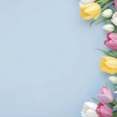 Yellow White And Blue Tulips And Lisianthus Flowers On The Right Side Of A Pink Background 2 F193