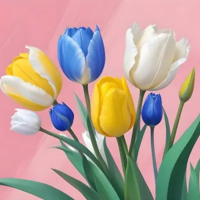 Yellow White And Blue Tulips And Lisianthus Flowers On The Right Side Of A Pink Background 4 7ab3