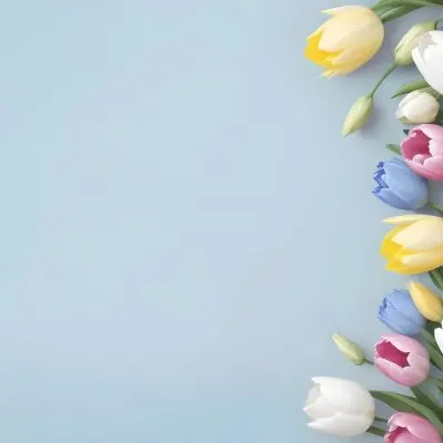 Yellow White And Blue Tulips And Lisianthus Flowers On The Right Side Of A Pink Background 8 38e8