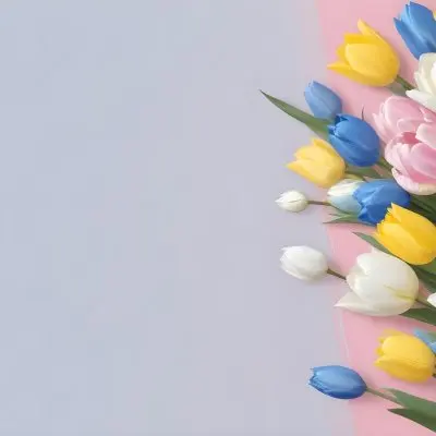 Yellow White And Blue Tulips And Lisianthus Flowers On The Right Side Of A Pink Background 9 6130