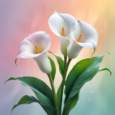 Two Calla Lilies With Water Droplets On The Leaves Pastel Colors Soft Lighting Smooth Gradients Elegant Composition Clean Lines Minimalist Style Against A Blurred Background 22 77ed