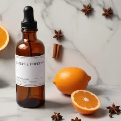 35mm Film Photography A Brown Glass Dropper Bottle With A White Label Is Centered On A Marble Surface Surrounding The Bottle Are Slices Of Orange Grapefruit Lime And Lime Along With Whole Spices Like Star Anise 24 E3f2