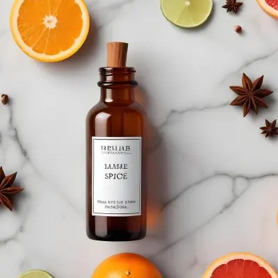 35mm Film Photography A Brown Glass Dropper Bottle With A White Label Is Centered On A Marble Surface Surrounding The Bottle Are Slices Of Orange Grapefruit Lime And Lime Along With Whole Spices Like Star Anise 44 3180