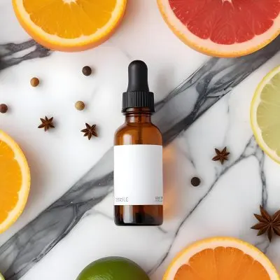 35mm Film Photography A Brown Glass Dropper Bottle With A White Label Is Centered On A Marble Surface Surrounding The Bottle Are Slices Of Orange Grapefruit Lime And Lime Along With Whole Spices Like Star Anise 47 C5ce