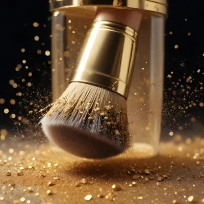 35mm Film Photography A Makeup Brush With Golden Glitter Particles Being Blown Off The Bristles High Detail 3 494b