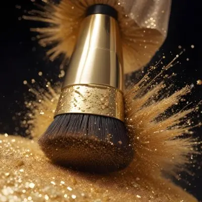 35mm Film Photography A Makeup Brush With Golden Glitter Particles Being Blown Off The Bristles High Detail 7 0cdf