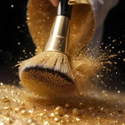 35mm Film Photography A Makeup Brush With Golden Glitter Particles Being Blown Off The Bristles High Detail 8 6c3d
