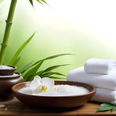 35mm Film Photography A Spa Setting Featuring A White Towel A Bowl Of Salt And A White Orchid Flower Surrounding Elements Include Green Bamboo Leaves And Ferns With A Soft Green Background Suggesting A Tranquil Atm 10 Fea9