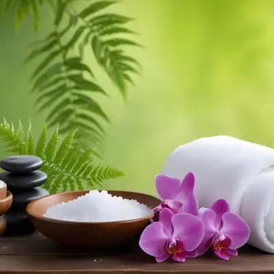 35mm Film Photography A Spa Setting Featuring A White Towel A Wooden Bowl Filled With Salt And A Pink Orchid Flower There Are Green Ferns And A Blurred Green Background Suggesting A Tranquil Environment High De 14 8167