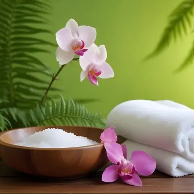 35mm Film Photography A Spa Setting Featuring A White Towel A Wooden Bowl Filled With Salt And A Pink Orchid Flower There Are Green Ferns And A Blurred Green Background Suggesting A Tranquil Environment High De 17 5d02