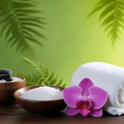 35mm Film Photography A Spa Setting Featuring A White Towel A Wooden Bowl Filled With Salt And A Pink Orchid Flower There Are Green Ferns And A Blurred Green Background Suggesting A Tranquil Environment High De 24 46fd