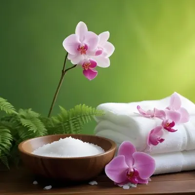35mm Film Photography A Spa Setting Featuring A White Towel A Wooden Bowl Filled With Salt And A Pink Orchid Flower There Are Green Ferns And A Blurred Green Background Suggesting A Tranquil Environment High De 31 A5ac