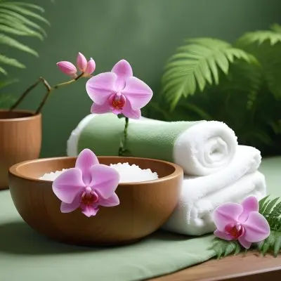 35mm Film Photography A Spa Setting Featuring A White Towel A Wooden Bowl Filled With Salt And A Pink Orchid Flower There Are Green Ferns And A Blurred Green Background Suggesting A Tranquil Environment High De 32 2ca5