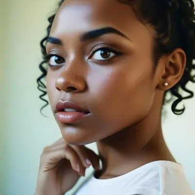 35mm Film Photography A Young Black Woman With Dark Skin Short Curly Hair And Bold Eye Makeup Looking Directly At The Camera In A Bright Room High Detail 11 685b