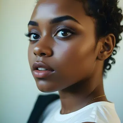 35mm Film Photography A Young Black Woman With Dark Skin Short Curly Hair And Bold Eye Makeup Looking Directly At The Camera In A Bright Room High Detail 14 2de2