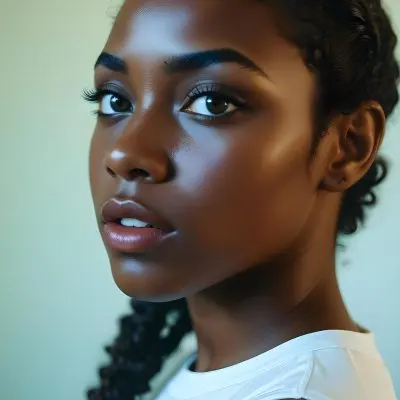 35mm Film Photography A Young Black Woman With Dark Skin Short Curly Hair And Bold Eye Makeup Looking Directly At The Camera In A Bright Room High Detail 16 97bc