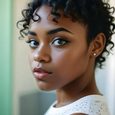 35mm Film Photography A Young Black Woman With Dark Skin Short Curly Hair And Bold Eye Makeup Looking Directly At The Camera In A Bright Room High Detail 18 B7e0