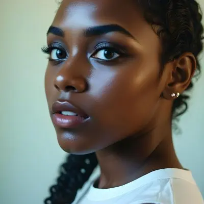 35mm Film Photography A Young Black Woman With Dark Skin Short Curly Hair And Bold Eye Makeup Looking Directly At The Camera In A Bright Room High Detail 20 D77c