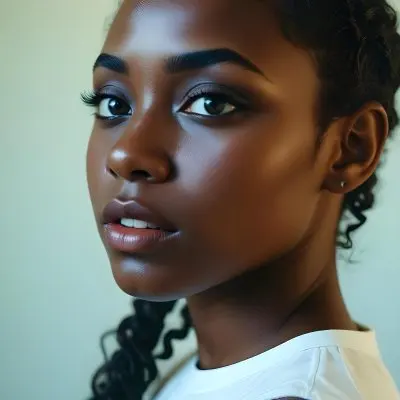 35mm Film Photography A Young Black Woman With Dark Skin Short Curly Hair And Bold Eye Makeup Looking Directly At The Camera In A Bright Room High Detail 22 Ac66