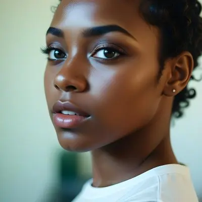 35mm Film Photography A Young Black Woman With Dark Skin Short Curly Hair And Bold Eye Makeup Looking Directly At The Camera In A Bright Room High Detail 23 0d1a