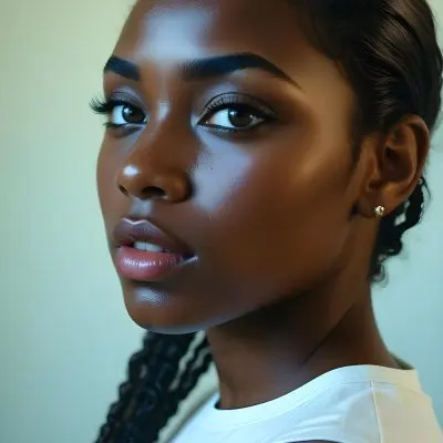 35mm Film Photography A Young Black Woman With Dark Skin Short Curly Hair And Bold Eye Makeup Looking Directly At The Camera In A Bright Room High Detail 24 0de7