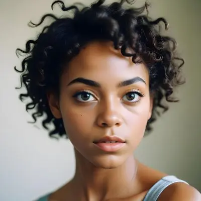 35mm Film Photography A Young Black Woman With Dark Skin Short Curly Hair And Bold Eye Makeup Looking Directly At The Camera In A Bright Room High Detail 27 D75a