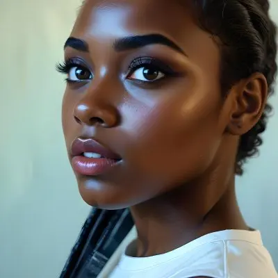 35mm Film Photography A Young Black Woman With Dark Skin Short Curly Hair And Bold Eye Makeup Looking Directly At The Camera In A Bright Room High Detail 4 5ffe