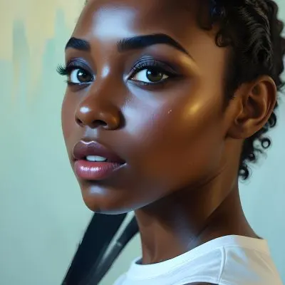 35mm Film Photography A Young Black Woman With Dark Skin Short Curly Hair And Bold Eye Makeup Looking Directly At The Camera In A Bright Room High Detail 6 D306