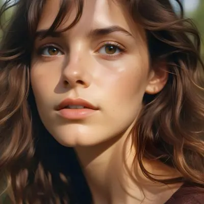 35mm Film Photography A Young Caucasian Woman With Long Wavy Brown Hair And Natural Makeup Looking Directly At The Camera With A Serious Expression In Daylight With A Background Of A Park High Detail 10 2b58