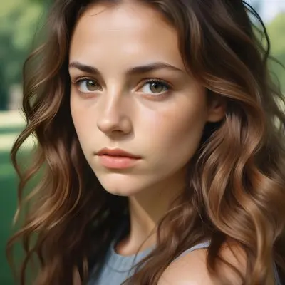 35mm Film Photography A Young Caucasian Woman With Long Wavy Brown Hair And Natural Makeup Looking Directly At The Camera With A Serious Expression In Daylight With A Background Of A Park High Detail 11 E88c