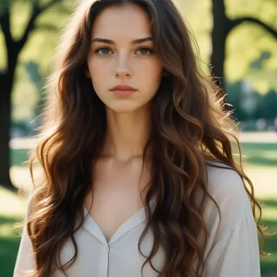 35mm Film Photography A Young Caucasian Woman With Long Wavy Brown Hair And Natural Makeup Looking Directly At The Camera With A Serious Expression In Daylight With A Background Of A Park High Detail 15 4951