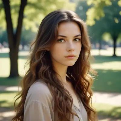35mm Film Photography A Young Caucasian Woman With Long Wavy Brown Hair And Natural Makeup Looking Directly At The Camera With A Serious Expression In Daylight With A Background Of A Park High Detail 19 3180