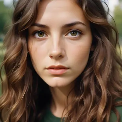 35mm Film Photography A Young Caucasian Woman With Long Wavy Brown Hair And Natural Makeup Looking Directly At The Camera With A Serious Expression In Daylight With A Background Of A Park High Detail 24 4286