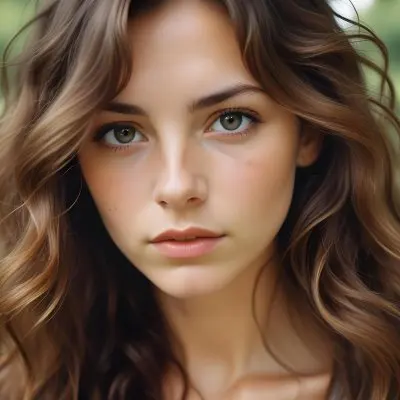 35mm Film Photography A Young Caucasian Woman With Long Wavy Brown Hair And Natural Makeup Looking Directly At The Camera With A Serious Expression In Daylight With A Background Of A Park High Detail 28 80a6