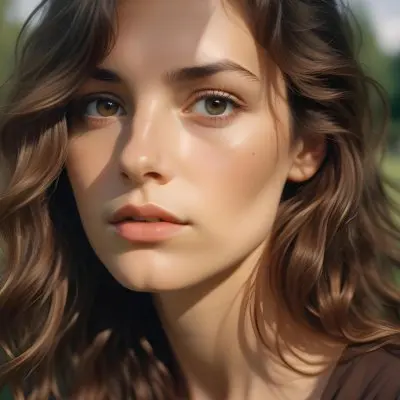 35mm Film Photography A Young Caucasian Woman With Long Wavy Brown Hair And Natural Makeup Looking Directly At The Camera With A Serious Expression In Daylight With A Background Of A Park High Detail 3 B26d