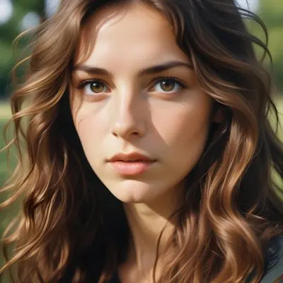 35mm Film Photography A Young Caucasian Woman With Long Wavy Brown Hair And Natural Makeup Looking Directly At The Camera With A Serious Expression In Daylight With A Background Of A Park High Detail 32 9ba1