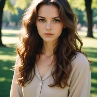 35mm Film Photography A Young Caucasian Woman With Long Wavy Brown Hair And Natural Makeup Looking Directly At The Camera With A Serious Expression In Daylight With A Background Of A Park High Detail 37 8518