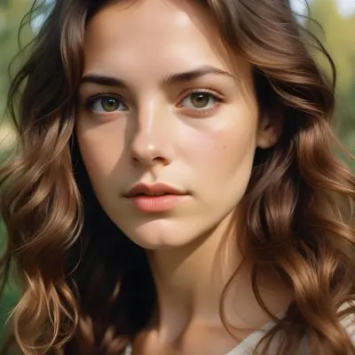 35mm Film Photography A Young Caucasian Woman With Long Wavy Brown Hair And Natural Makeup Looking Directly At The Camera With A Serious Expression In Daylight With A Background Of A Park High Detail 42 0a99