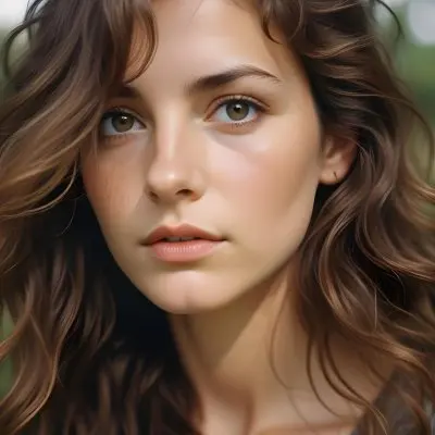 35mm Film Photography A Young Caucasian Woman With Long Wavy Brown Hair And Natural Makeup Looking Directly At The Camera With A Serious Expression In Daylight With A Background Of A Park High Detail 47 9435