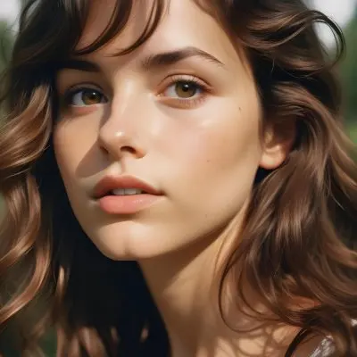 35mm Film Photography A Young Caucasian Woman With Long Wavy Brown Hair And Natural Makeup Looking Directly At The Camera With A Serious Expression In Daylight With A Background Of A Park High Detail 55 455e
