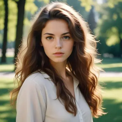 35mm Film Photography A Young Caucasian Woman With Long Wavy Brown Hair And Natural Makeup Looking Directly At The Camera With A Serious Expression In Daylight With A Background Of A Park High Detail 67 5942