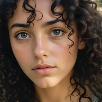35mm Film Photography A Young Woman With Dark Curly Hair And Olive Skin Looking Directly At The Camera With A Pensive Expression In Daylight With Soft Lighting High Detail 100 Df6f