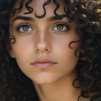 35mm Film Photography A Young Woman With Dark Curly Hair And Olive Skin Looking Directly At The Camera With A Pensive Expression In Daylight With Soft Lighting High Detail 113 F527