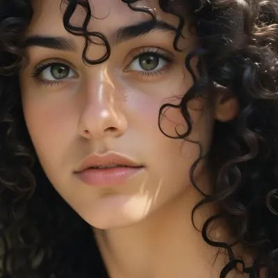 35mm Film Photography A Young Woman With Dark Curly Hair And Olive Skin Looking Directly At The Camera With A Pensive Expression In Daylight With Soft Lighting High Detail 115 E644