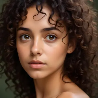 35mm Film Photography A Young Woman With Dark Curly Hair And Olive Skin Looking Directly At The Camera With A Pensive Expression In Daylight With Soft Lighting High Detail 25 B4e9