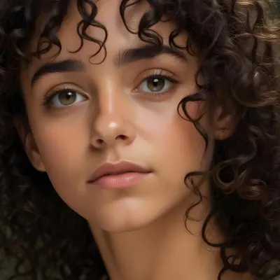 35mm Film Photography A Young Woman With Dark Curly Hair And Olive Skin Looking Directly At The Camera With A Pensive Expression In Daylight With Soft Lighting High Detail 44 05f9